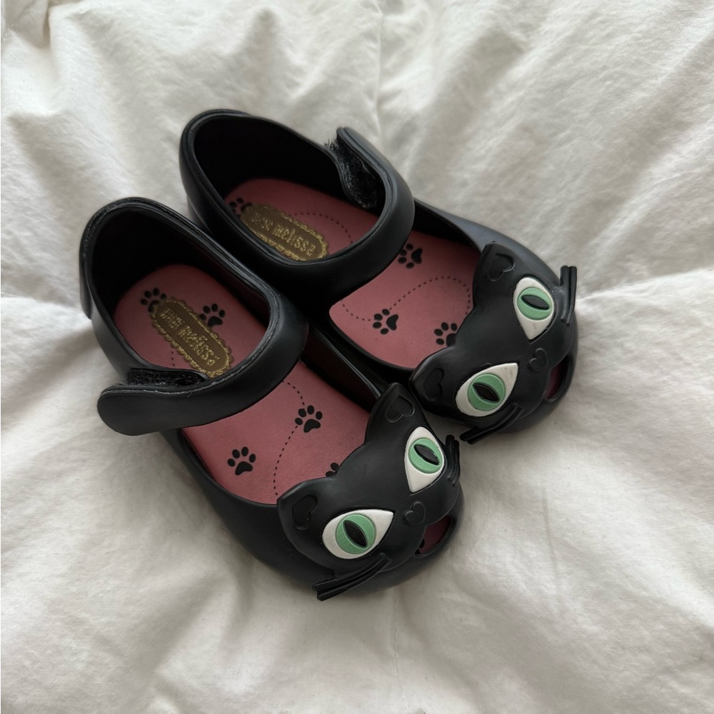 Mini Melissa Black Cat Velcro Ballerina Shoes Mary Janes